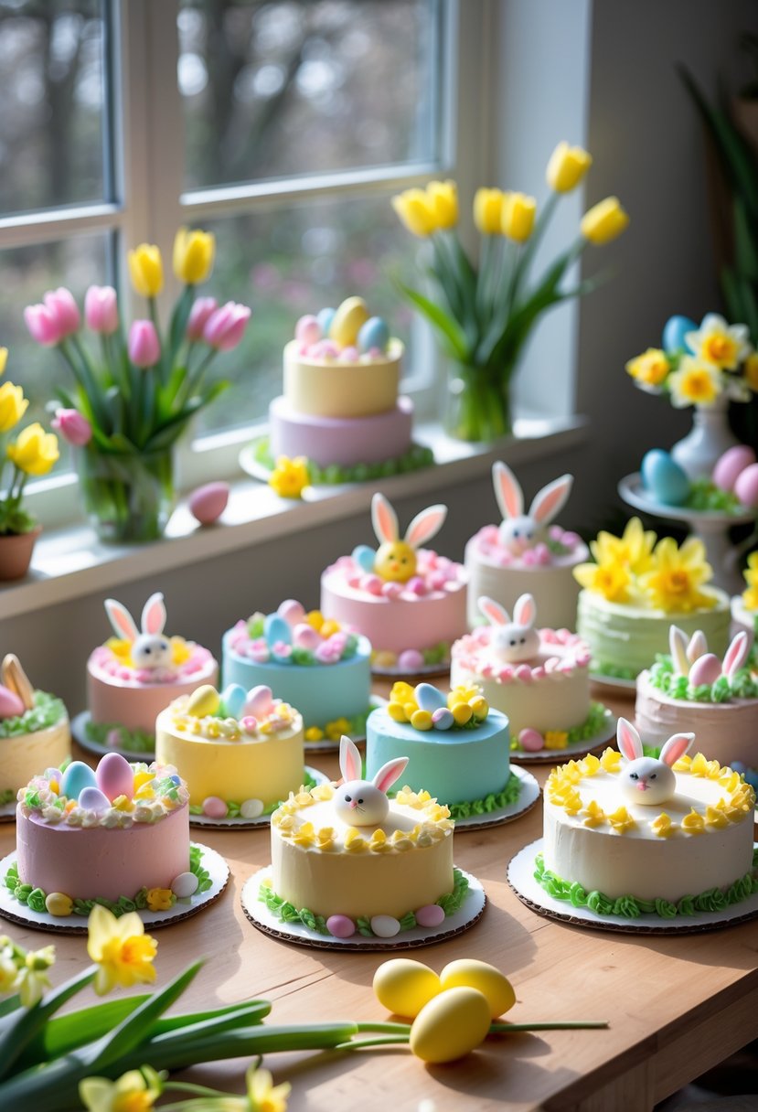 A table filled with 15 colorful Easter cakes decorated with pastel frosting, flowers, and small bunny and egg decorations in a bright kitchen.