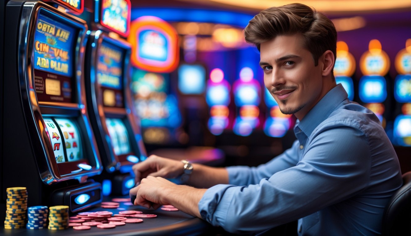 Seorang pria muda duduk di depan mesin slot di kasino dengan ekspresi percaya diri dan senyum tipis.