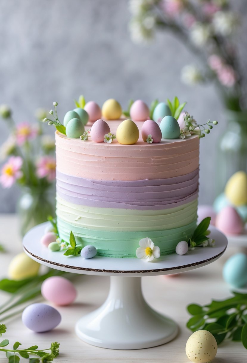 A pastel ombre buttercream cake decorated with edible flowers and small sugar eggs on a white cake stand with spring decorations in the background.