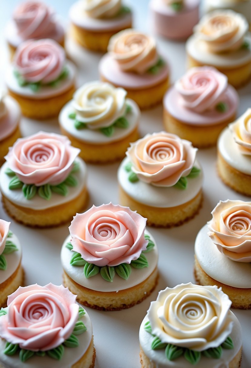 A collection of small cakes decorated with colorful buttercream roses arranged on a white surface.
