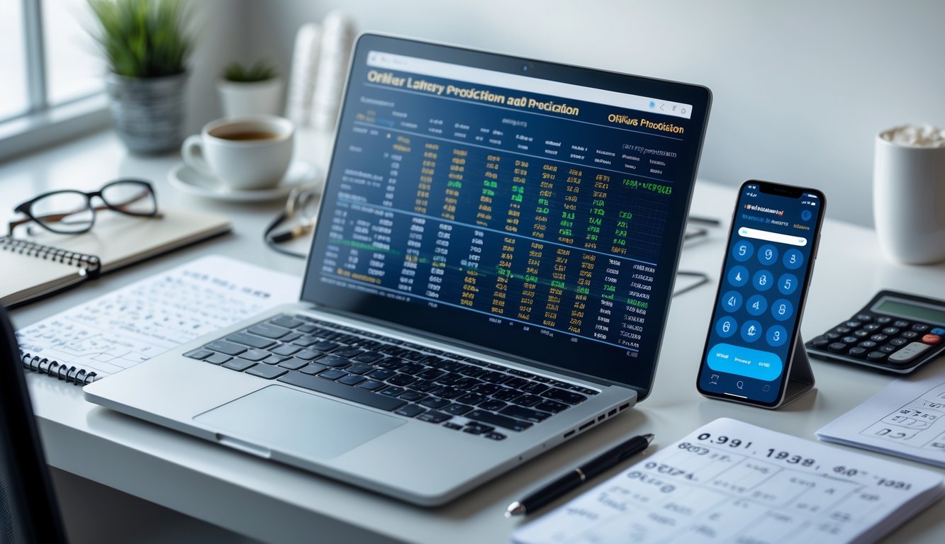 Meja kerja modern dengan laptop yang menampilkan grafik dan data angka, dilengkapi kalkulator, buku catatan, dan ponsel yang menunjukkan aplikasi prediksi togel.