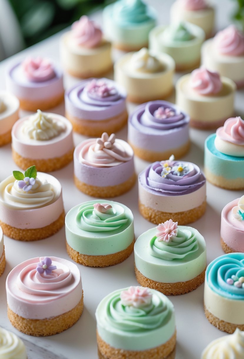 A collection of 16 mini cakes with pastel ombre frosting arranged on a white surface.