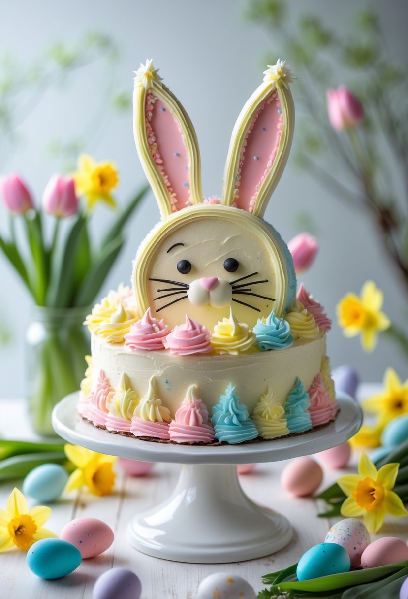 A decorated Easter bunny shaped cake on a cake stand surrounded by spring flowers and colorful Easter eggs on a wooden table.