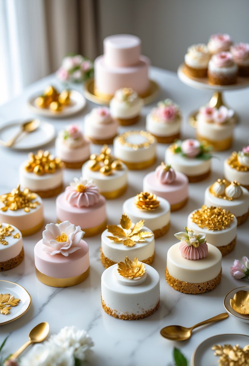 A collection of 16 mini cakes decorated with gold leaf accents and various colorful frosting designs arranged on a white surface.