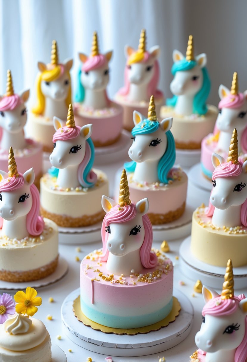 A collection of small decorated cakes topped with colorful mini unicorn figures arranged on a white surface.