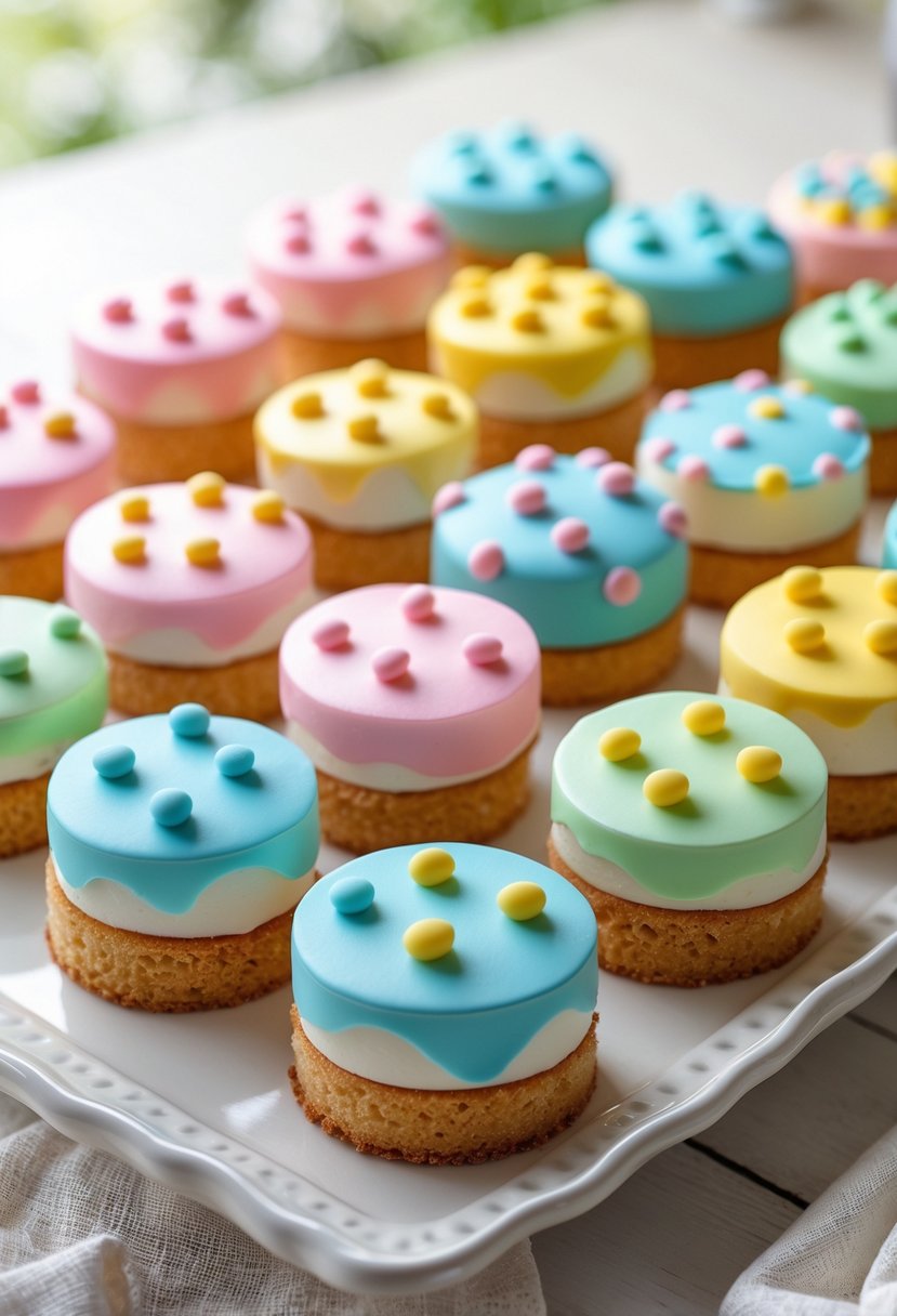 A platter of 16 mini cakes decorated with colorful polka dot fondant arranged on a wooden surface.