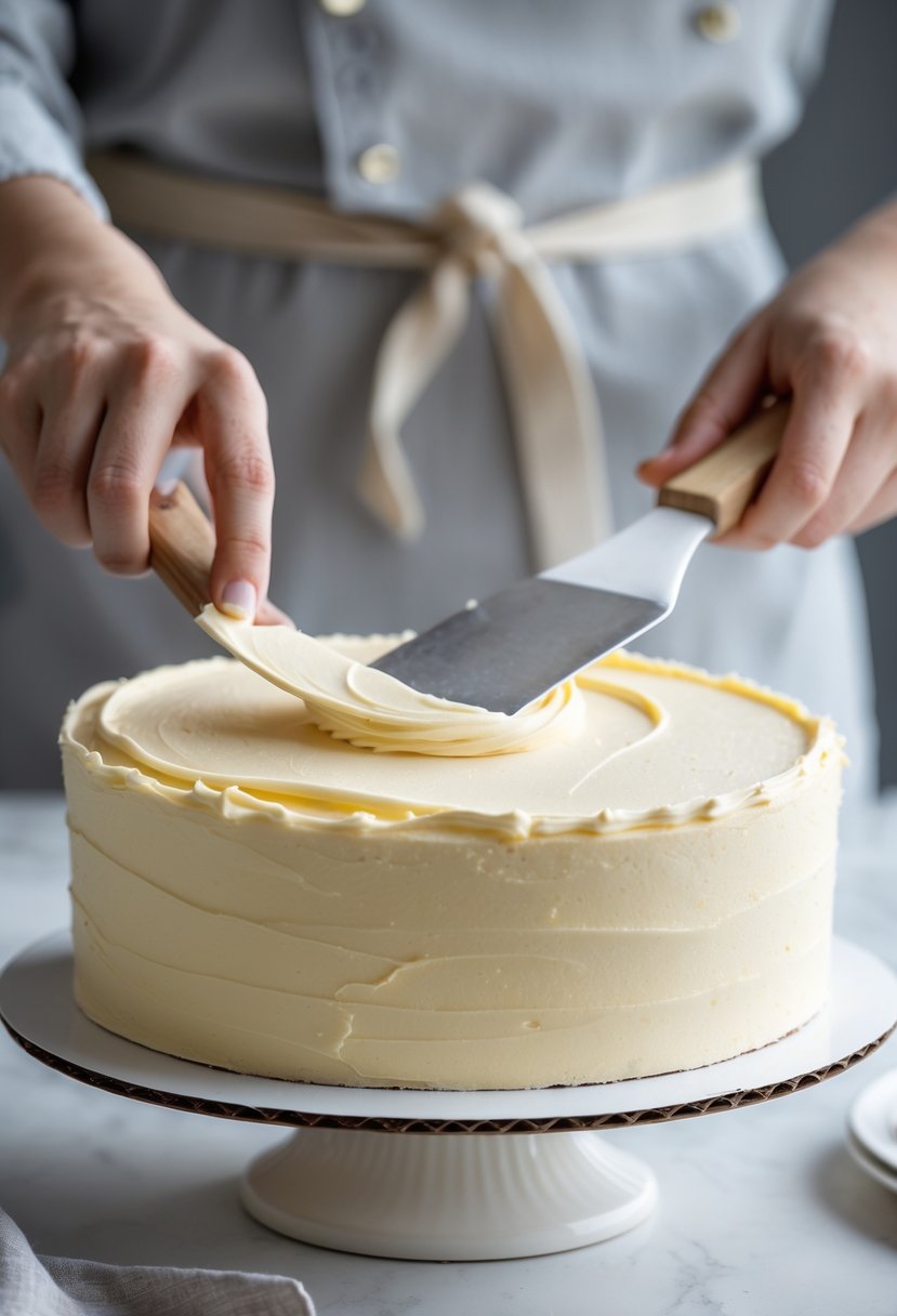 Close-up of hands spreading smooth buttercream frosting on a cake in a kitchen setting.