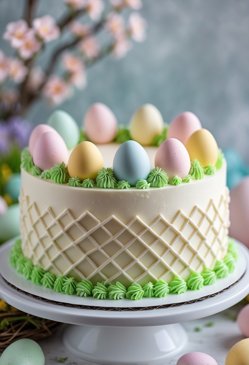 A decorated Easter cake with basketweave piping and pastel fondant eggs on top.
