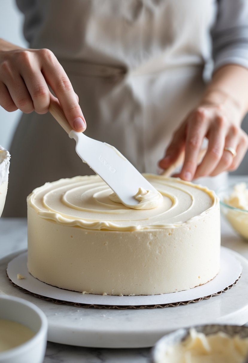 Close-up of hands using an offset spatula to evenly spread frosting on a round cake in a kitchen setting.