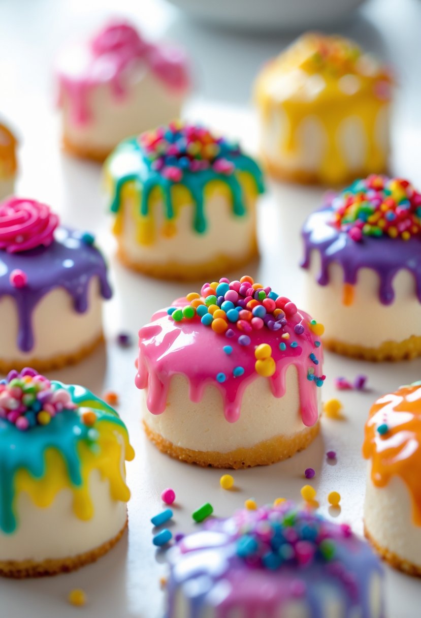 Close-up of several mini cakes decorated with colorful drip glaze and sprinkles on a white surface.