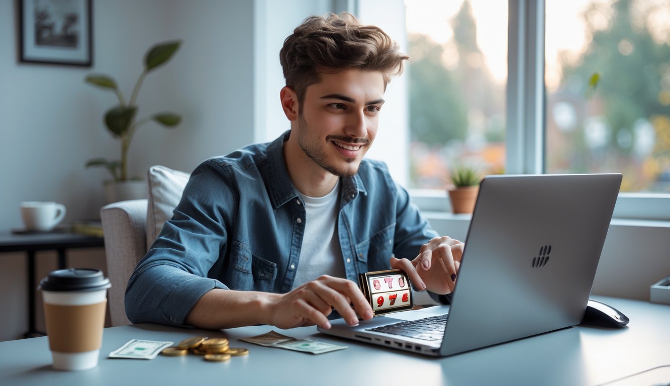 Seorang dewasa muda duduk di meja modern sambil bermain permainan slot di laptop dengan suasana ruangan yang terang dan nyaman.