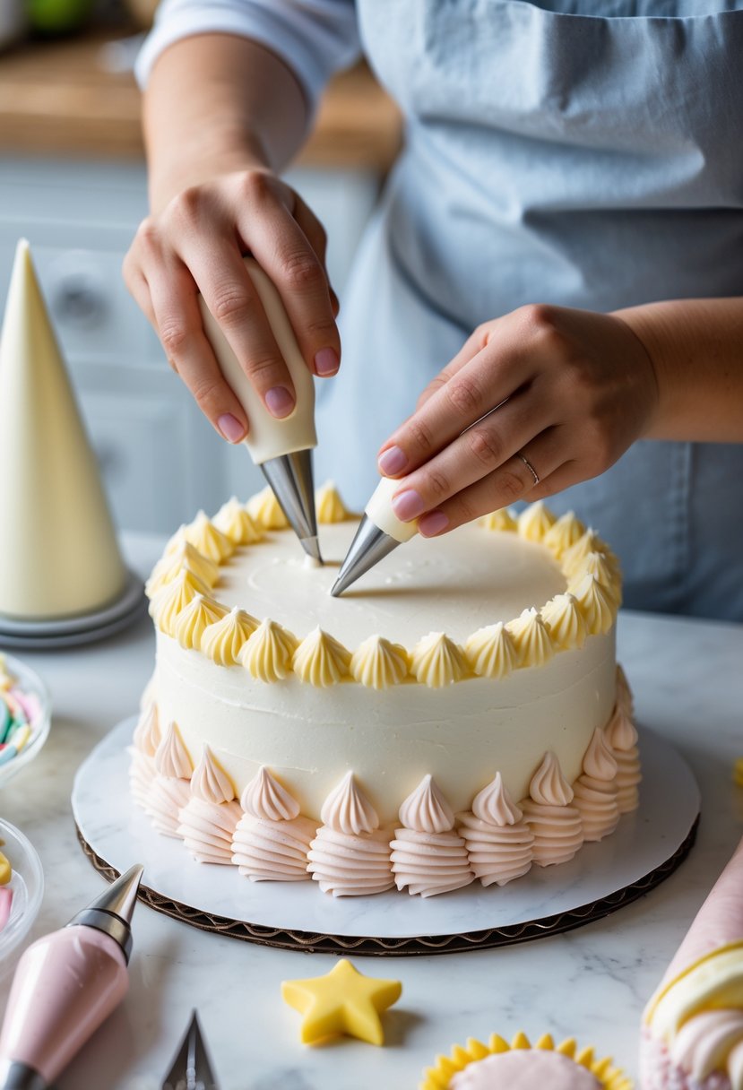 Close-up of hands piping shell and star borders on a white frosted cake with cake decorating tools on a kitchen counter.