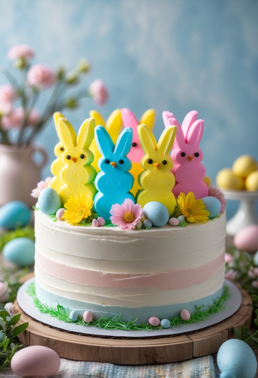 A decorated Easter cake topped with colorful Peeps marshmallow chicks and spring-themed decorations on a wooden table.