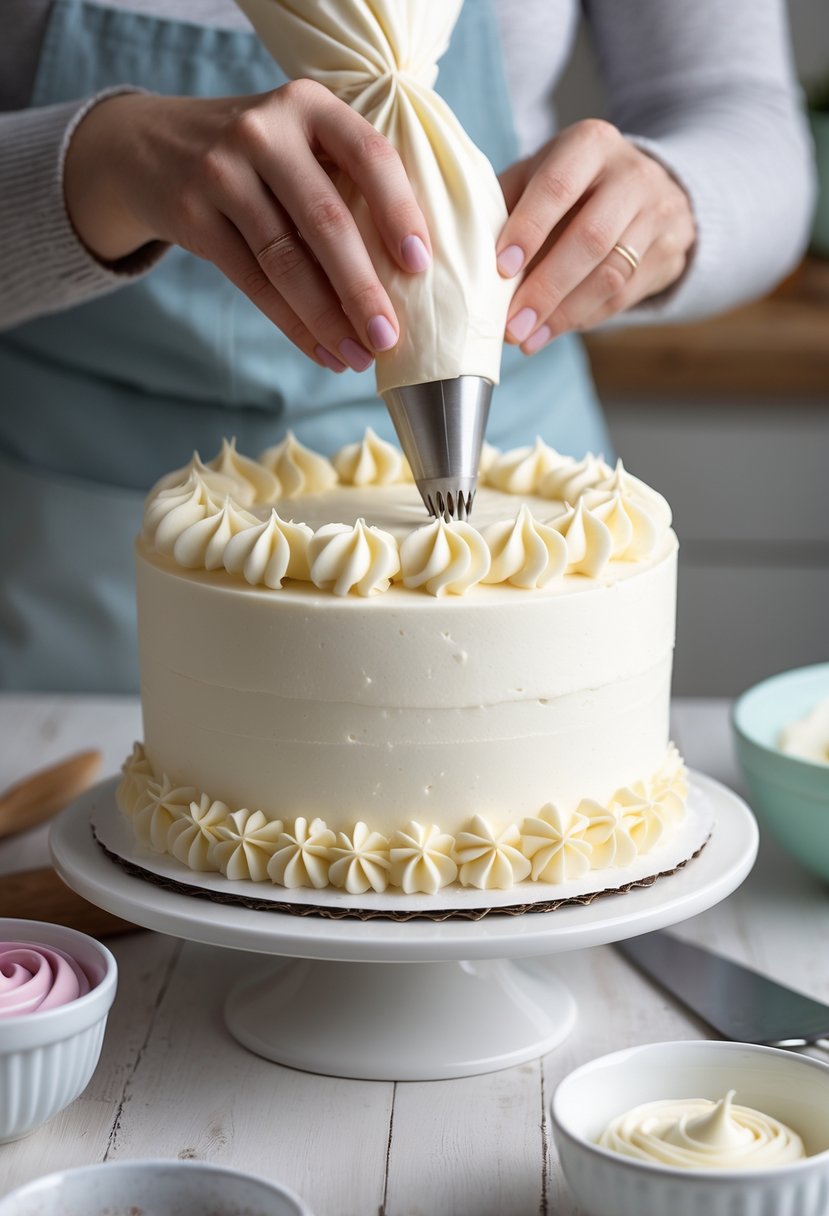 Close-up of hands decorating a white cake with rosette patterns using a star piping tip in a kitchen setting.