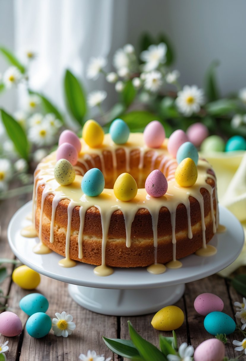 A lemon drizzle cake topped with colorful mini Easter eggs on a wooden table surrounded by spring decorations.