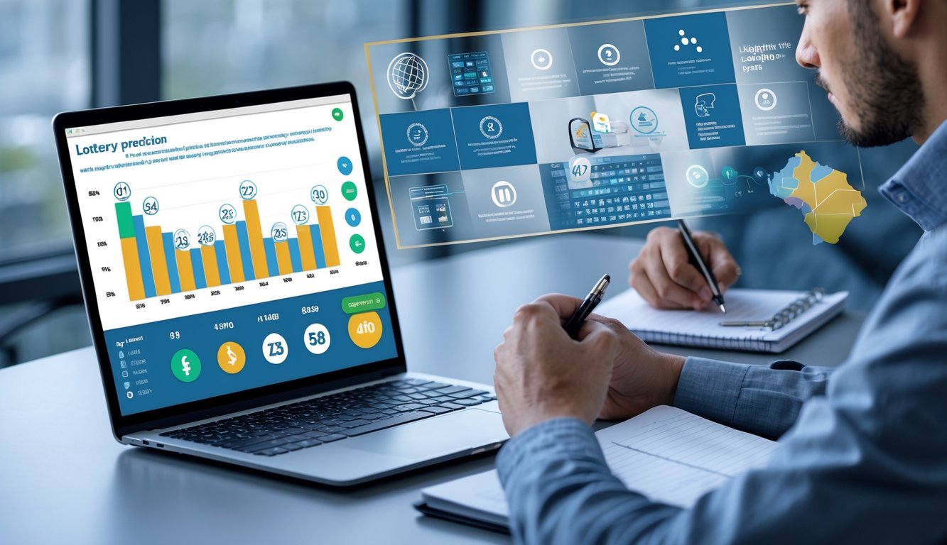 Seseorang sedang menganalisis data prediksi togel di depan laptop di ruang kerja modern.