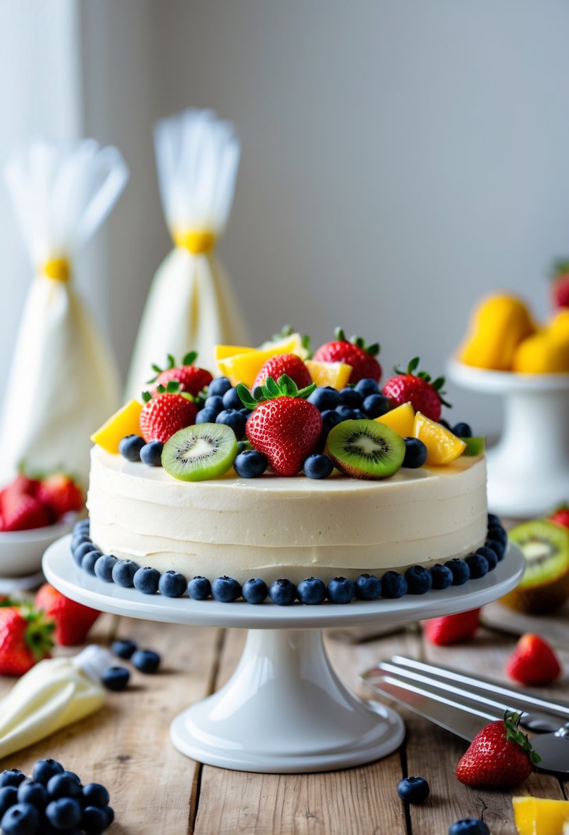 A decorated cake topped with fresh strawberries, blueberries, kiwi, and raspberries on a white cake stand with fruits and decorating tools nearby.
