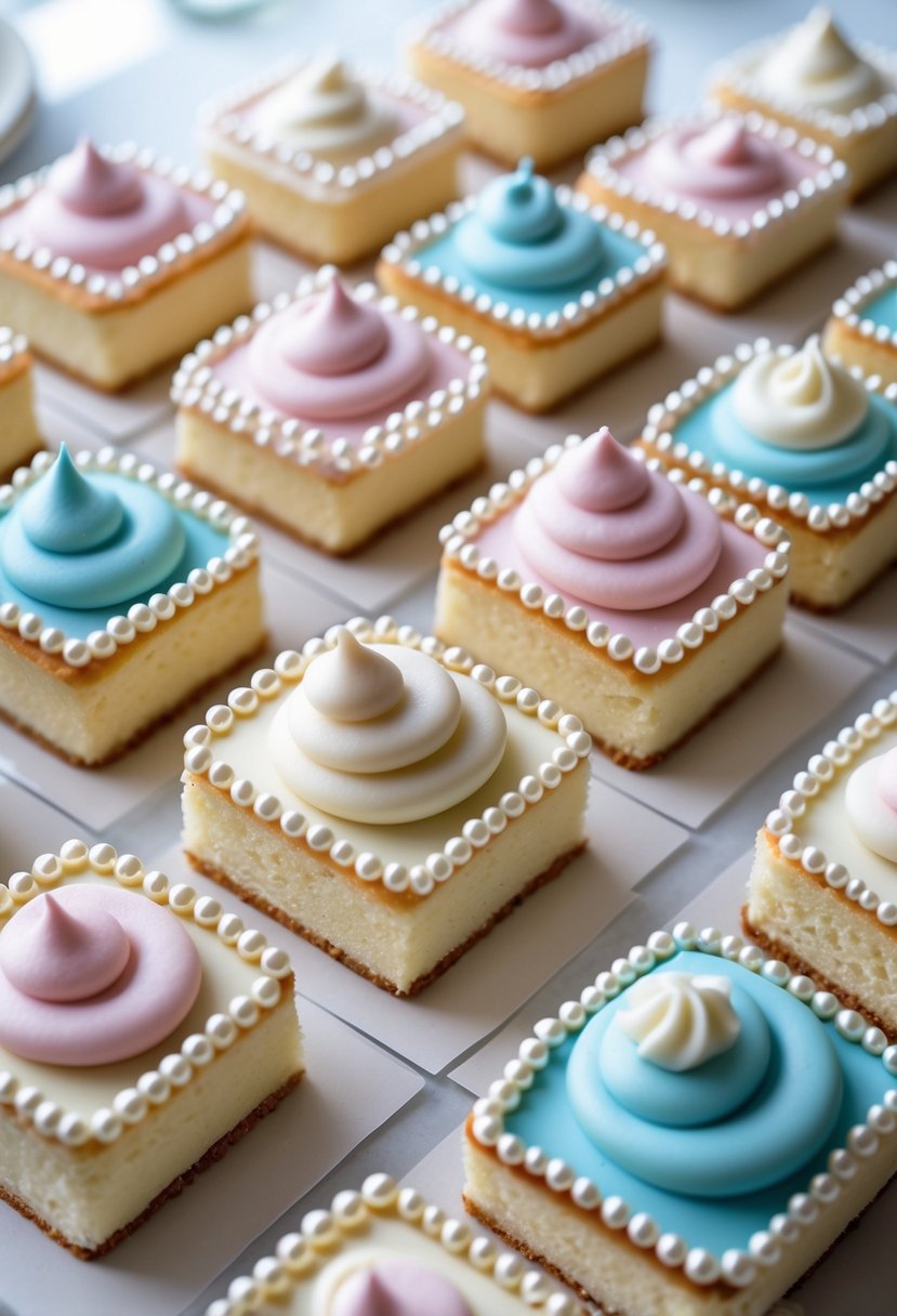 A collection of 16 mini cakes decorated with edible pearl borders arranged on a white surface.