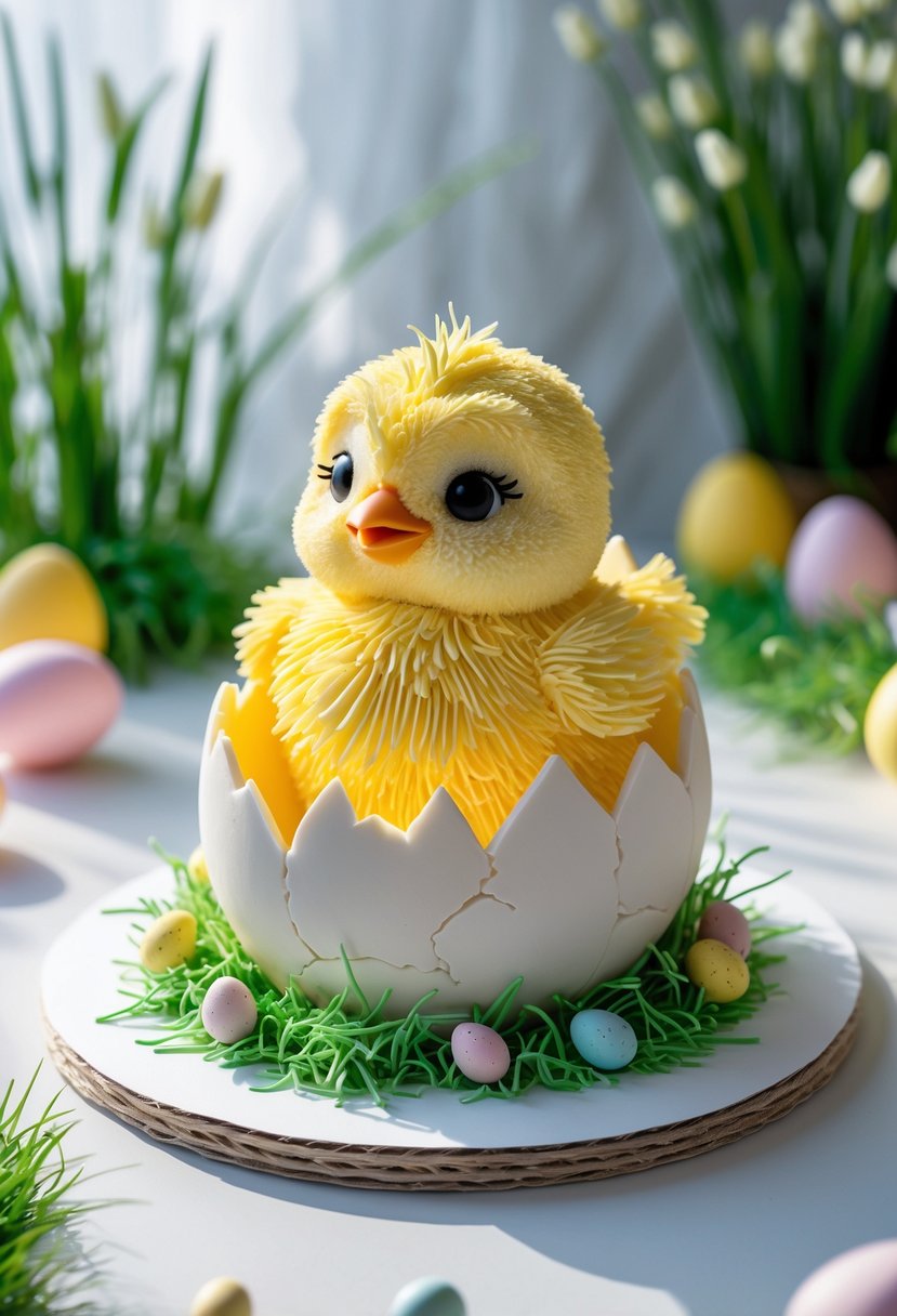 A detailed 3D cake shaped like a yellow baby chick hatching from an eggshell, surrounded by Easter eggs and spring decorations.