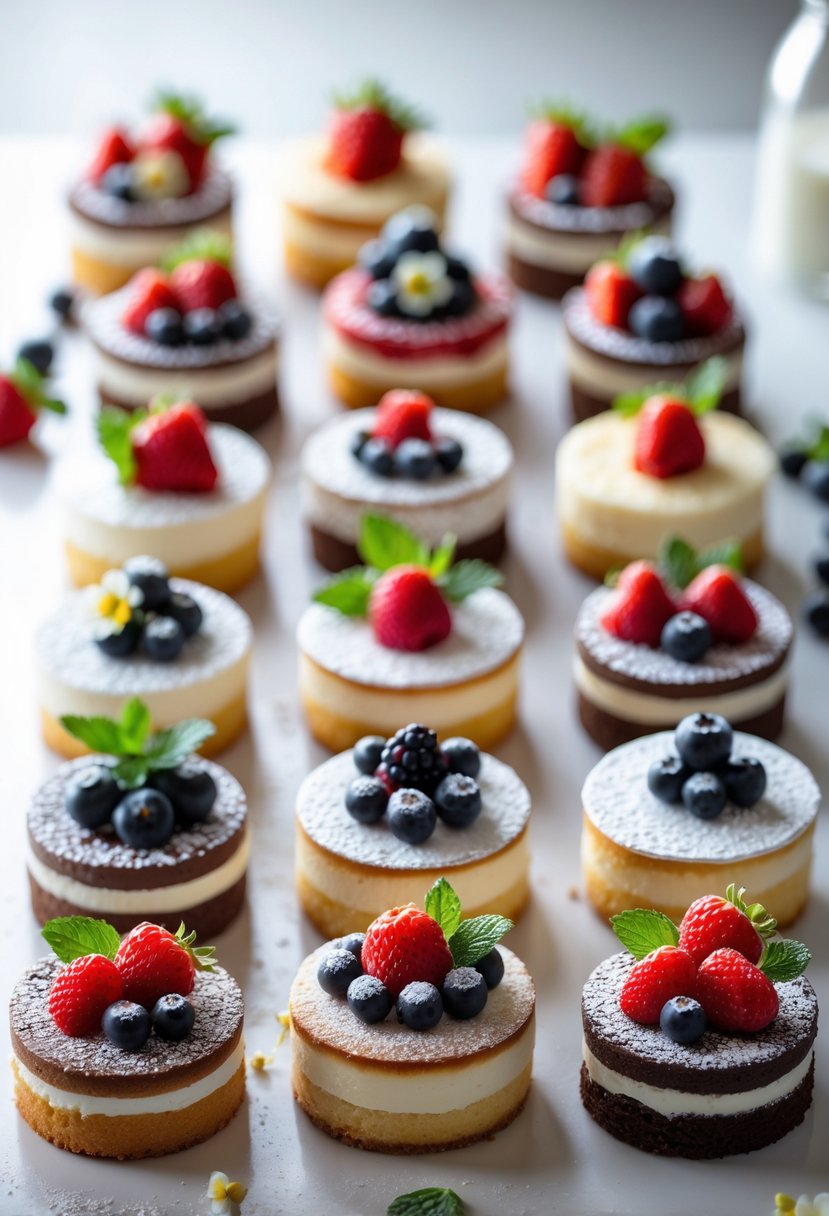 A variety of 16 mini cakes decorated with fresh berries arranged on a white surface.