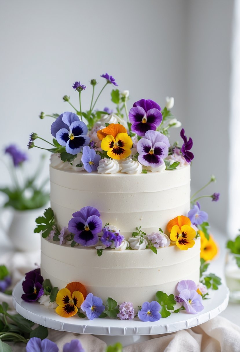 A multi-layered cake decorated with colorful edible flowers on a clean surface.