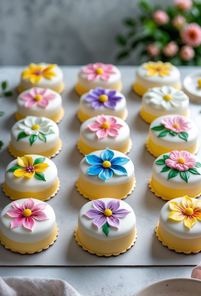 A collection of 16 small cakes decorated with colorful hand-painted flowers arranged on a neutral surface.