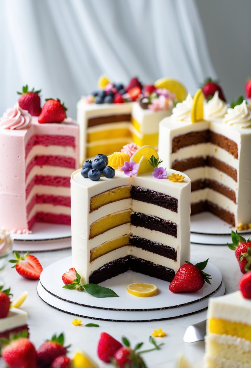 A selection of sliced layered cakes with colorful fillings arranged on a bright surface.