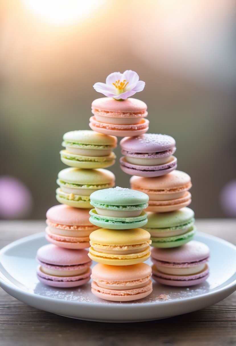 A stack of colorful mini macarons topped with a small edible decoration on a white plate.