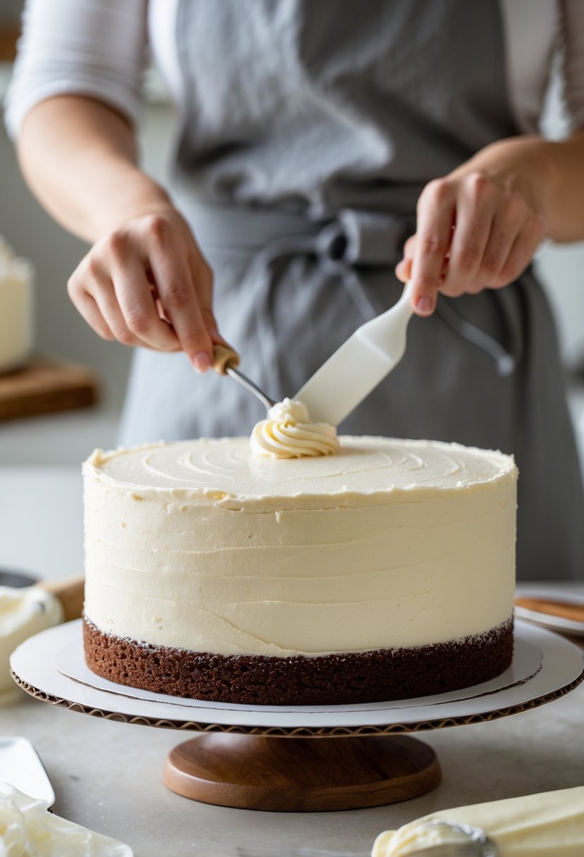 Close-up of hands applying a thin layer of frosting to a round cake on a rotating stand in a kitchen.
