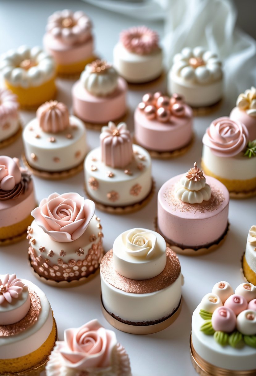 A collection of 16 mini decorated cakes with rose gold metallic accents arranged on a white surface.