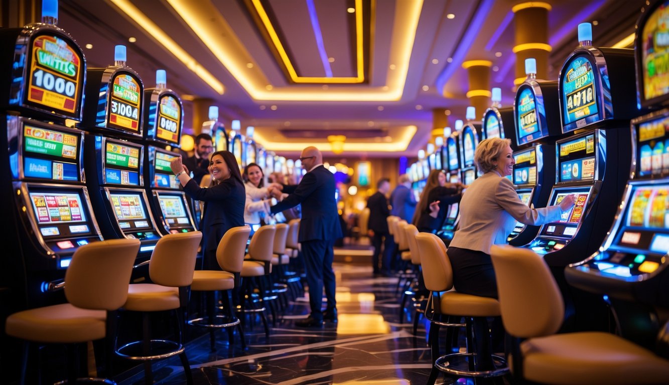 Suasana kasino modern dengan mesin slot yang menyala dan beberapa orang sedang bermain dengan ekspresi bahagia.