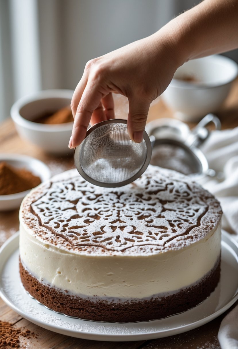 Close-up of a hand dusting powdered sugar through a stencil onto a round frosted cake on a wooden table.