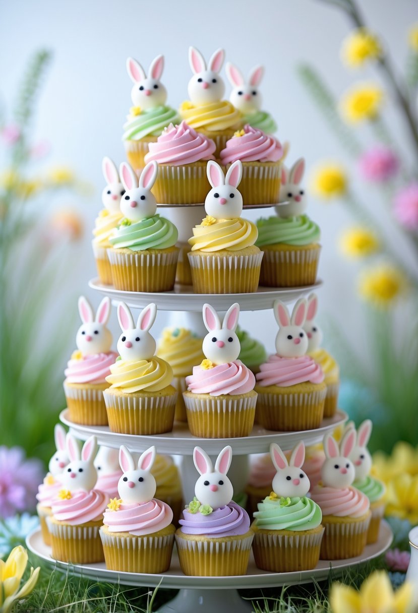 A multi-tiered cupcake tower decorated with pastel frosting and bunny-shaped toppers, displayed with spring flowers in the background.
