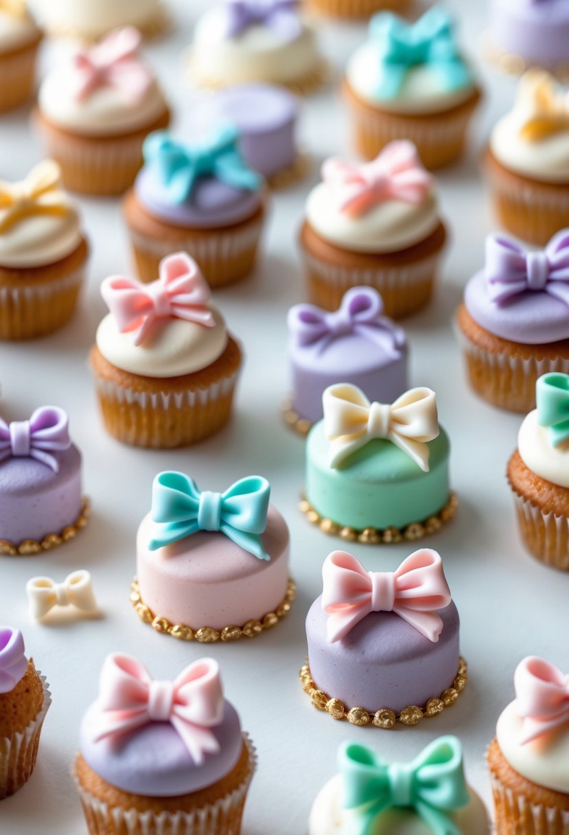 Close-up of small pastel-colored fondant bows arranged next to miniature decorated cupcakes and cake slices.