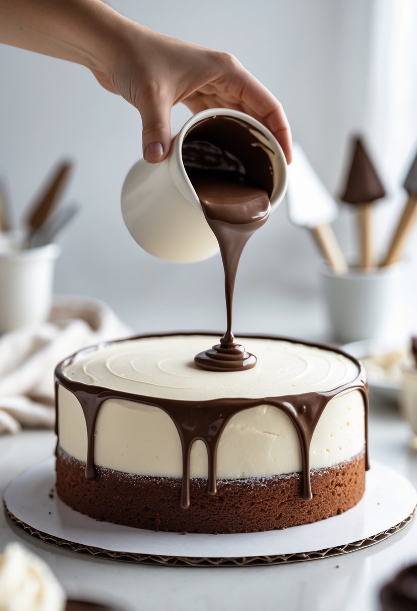 Close-up of a hand pouring chocolate ganache over a cake, creating drip effects on the cake's sides.