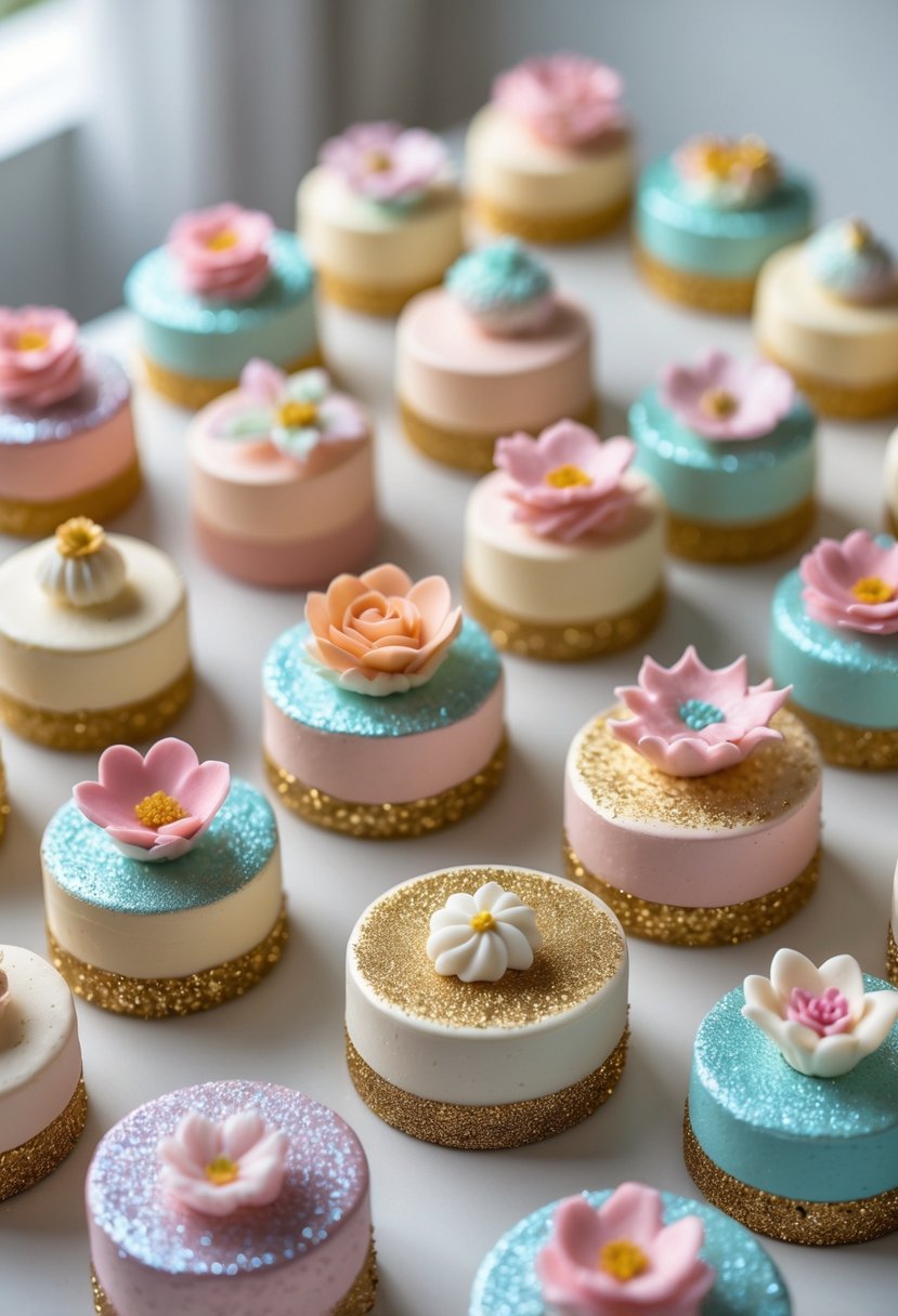 A display of sixteen mini cakes decorated with colorful frosting and glitter dust arranged on a white surface.