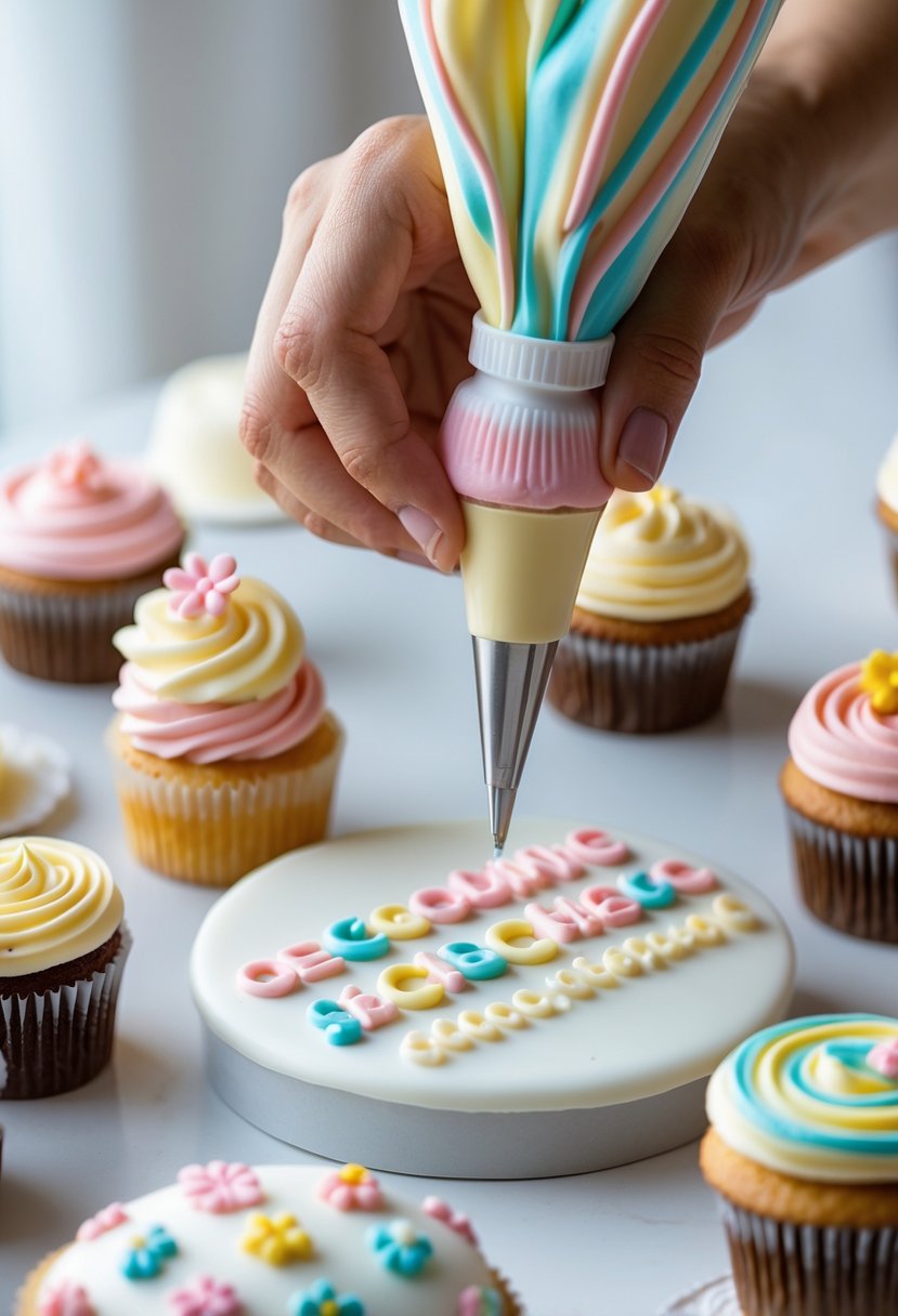 A hand writing simple messages with a round tip piping bag near several decorated cakes and cupcakes.