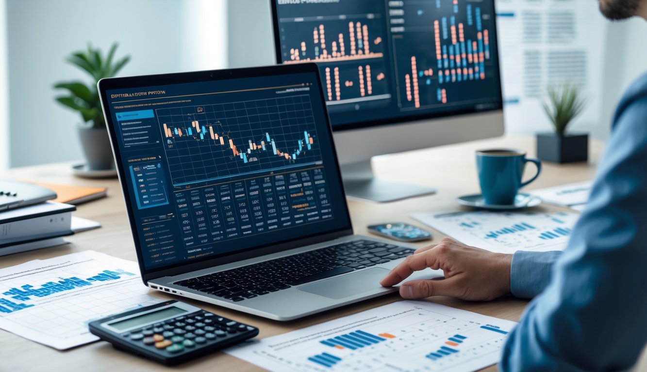 Seseorang sedang bekerja di depan laptop dengan grafik dan data, dikelilingi oleh kertas berisi rumus dan pola, di ruang kantor yang terang.