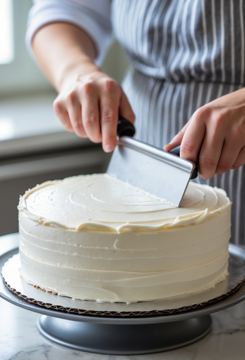 Close-up of hands smoothing the sides of a frosted cake with a bench scraper on a rotating cake stand.
