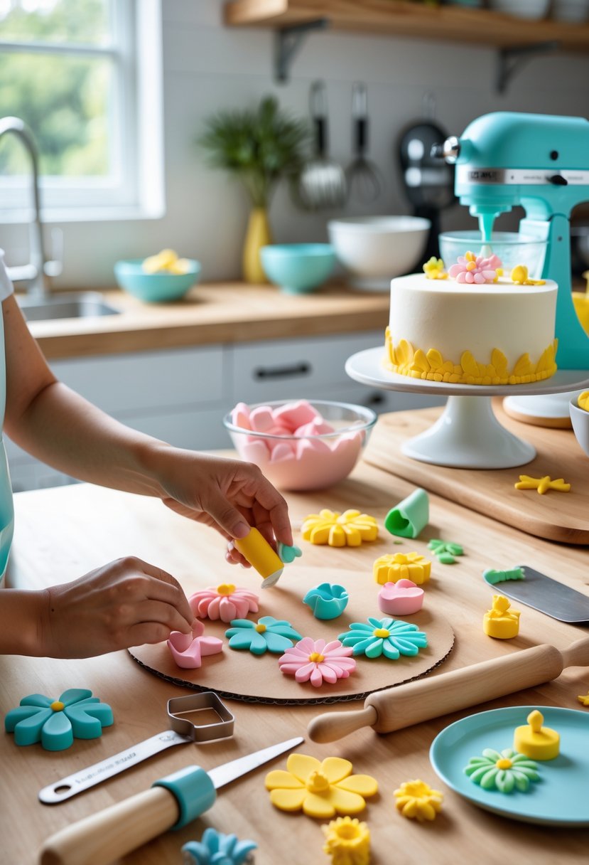 Hands shaping colorful fondant decorations on a wooden countertop in a kitchen with cake decorating tools and a finished cake in the background.