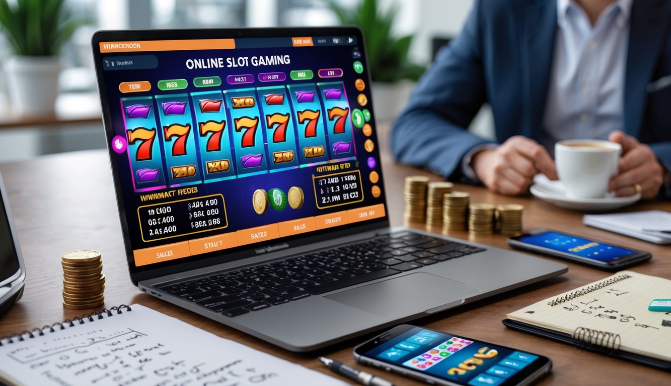 Meja kerja modern dengan laptop menampilkan permainan slot dan grafik strategi, tumpukan koin kecil, buku catatan, kopi, dan ponsel.