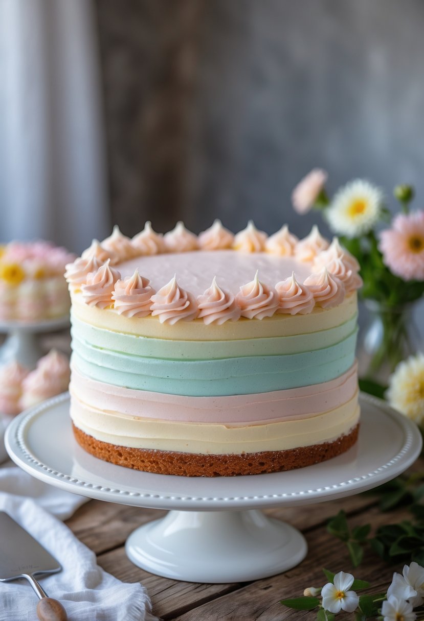 A 9x13 cake with layered ombre frosting in pastel colors on a white platter on a wooden table, surrounded by cake decorating tools and flowers.
