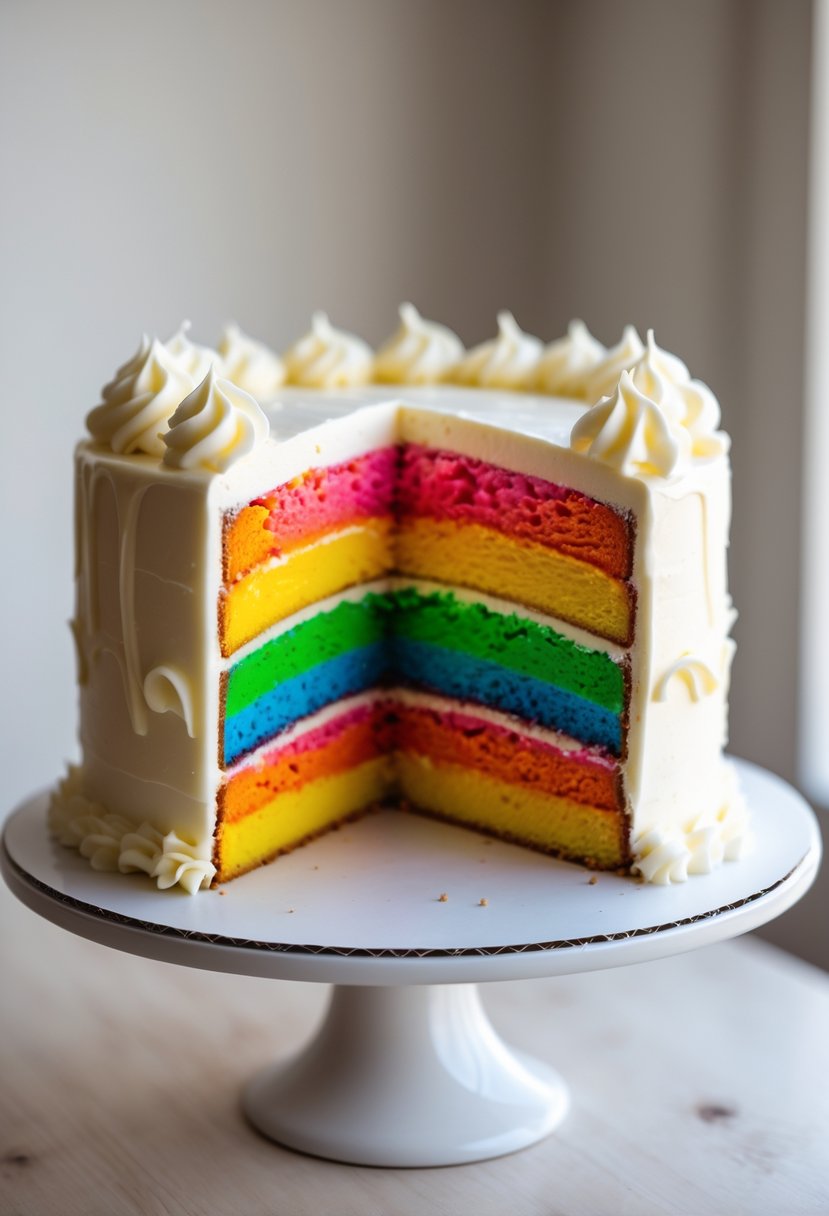 A sliced rainbow layer cake with cream cheese frosting on a white cake stand.