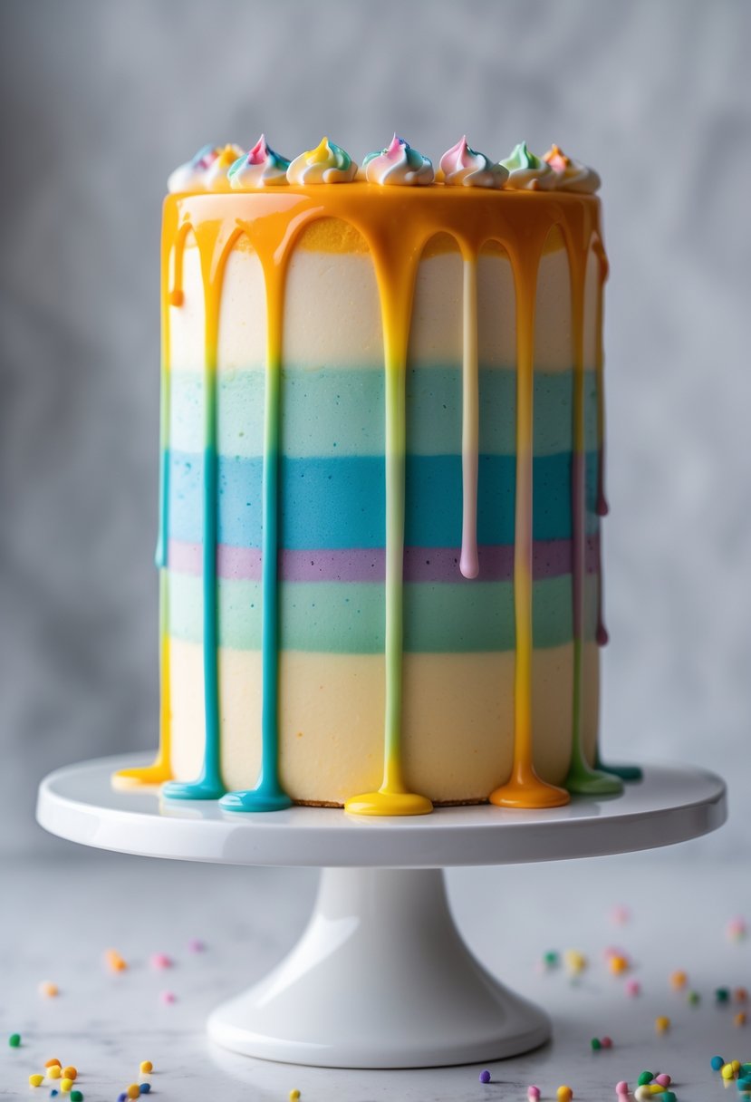 A colorful ombre rainbow drip cake with glossy drips on a white cake stand.