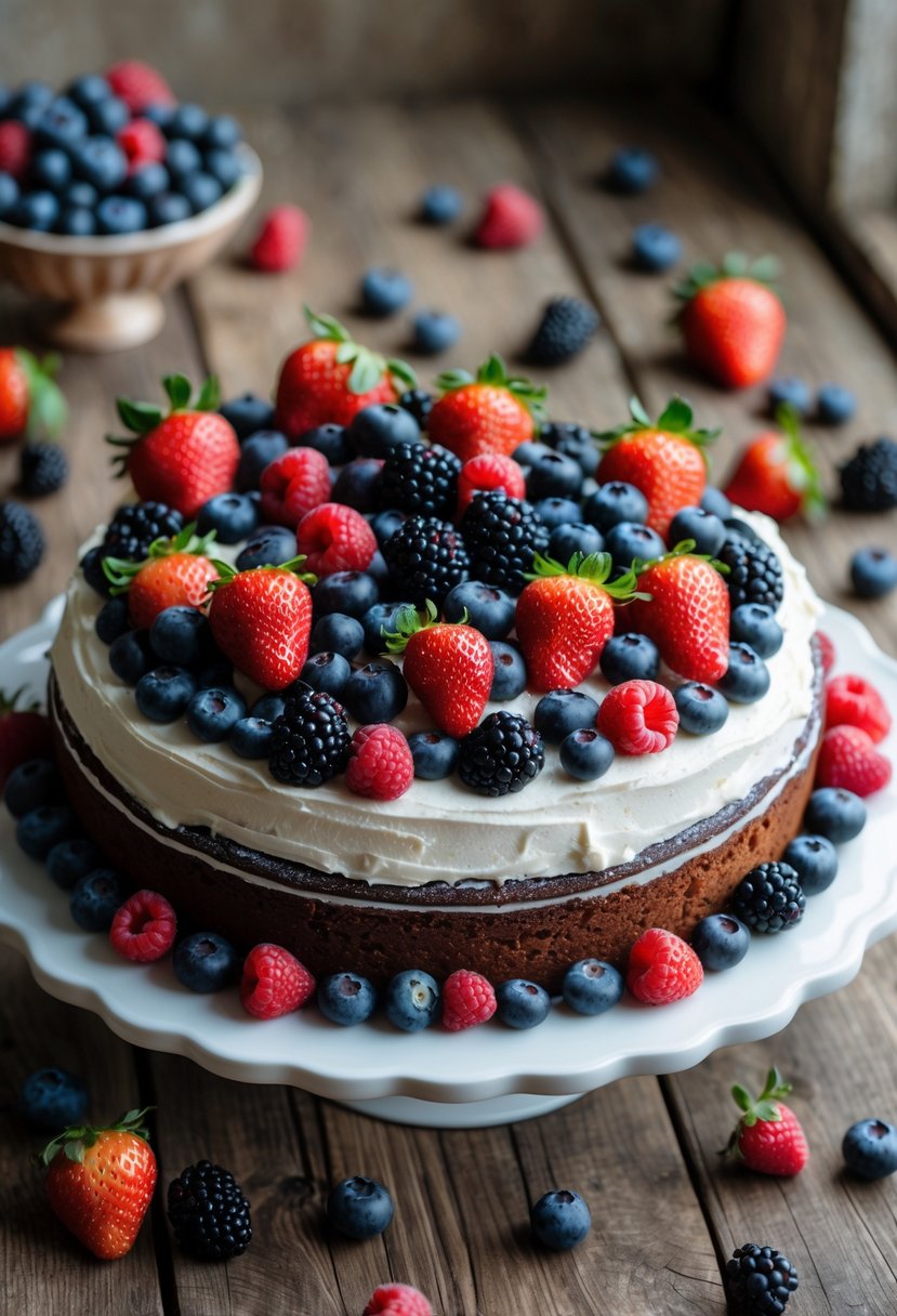A large 9x13 cake topped with fresh mixed berries on a white platter on a wooden table.