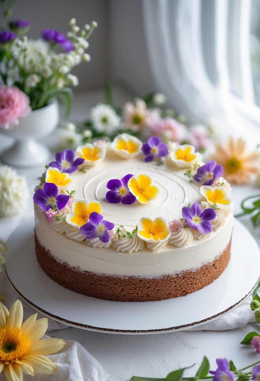 A decorated 9x13 cake topped with colorful edible flower garnishes on a white surface.