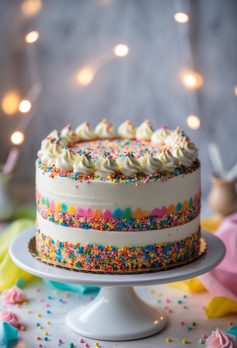 A colorful rainbow sprinkle funfetti cake with multiple layers and vibrant frosting on a white cake stand.