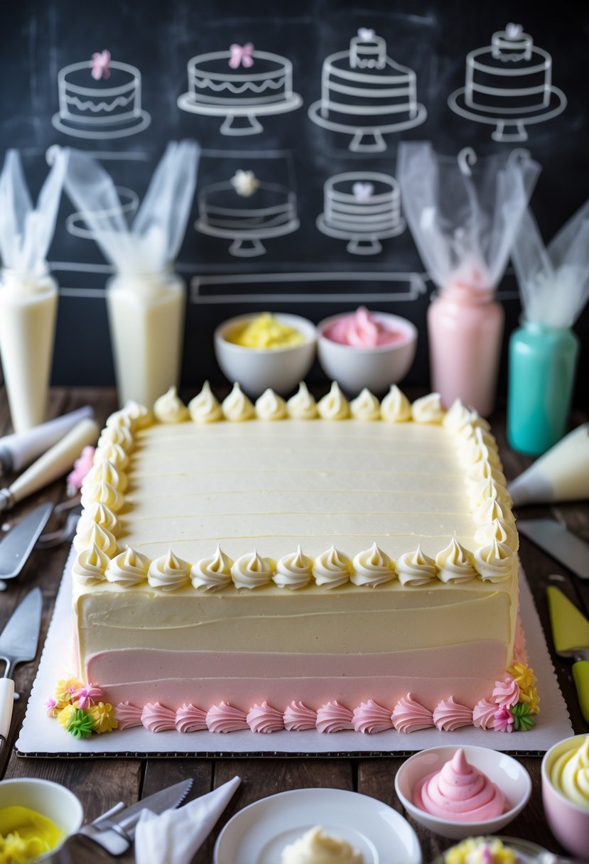 A large decorated cake with pastel icing and cake decorating tools on a table, with a chalkboard in the background.