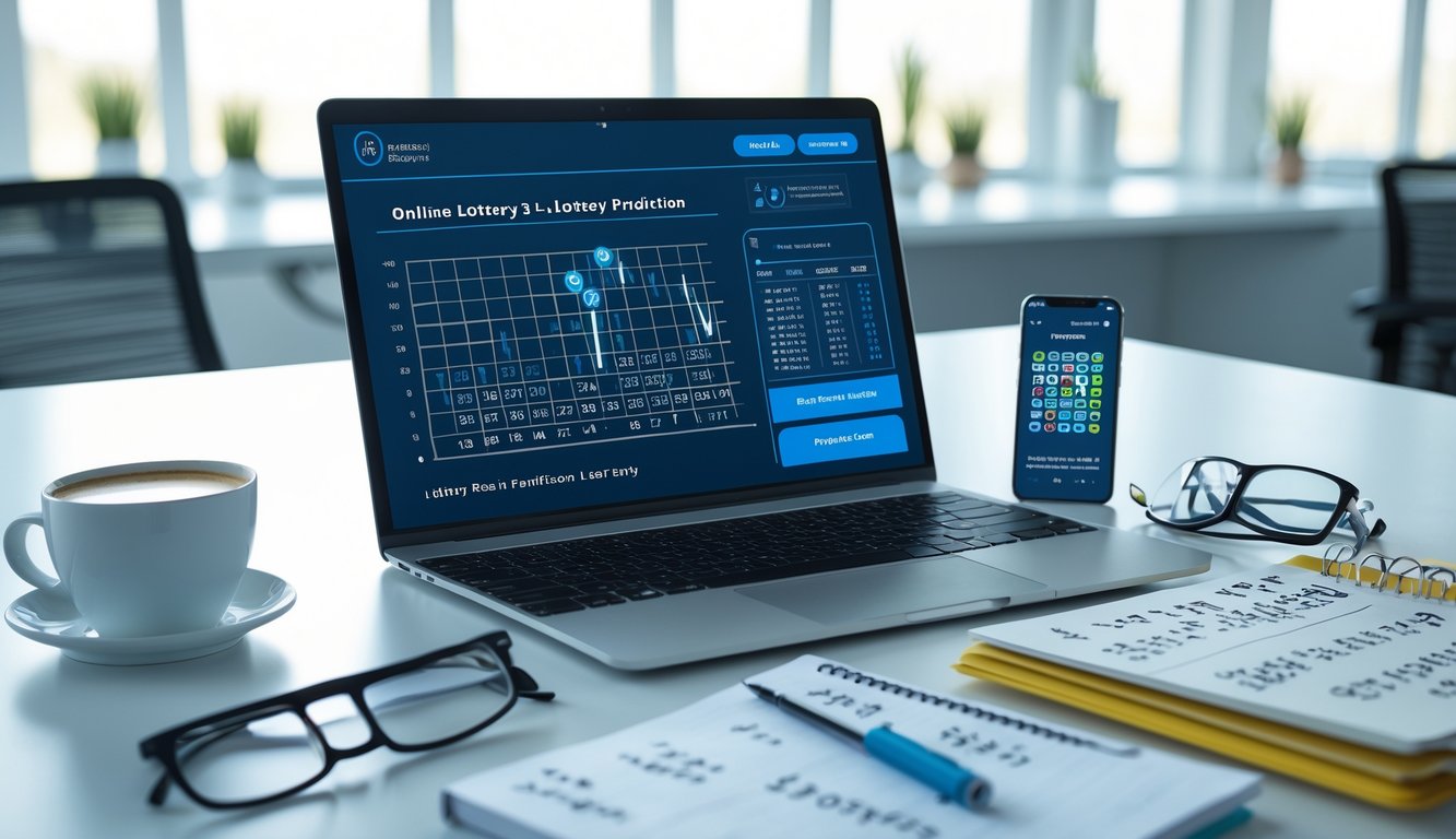 Meja kerja modern dengan laptop, smartphone, catatan, dan alat tulis di kantor terang.