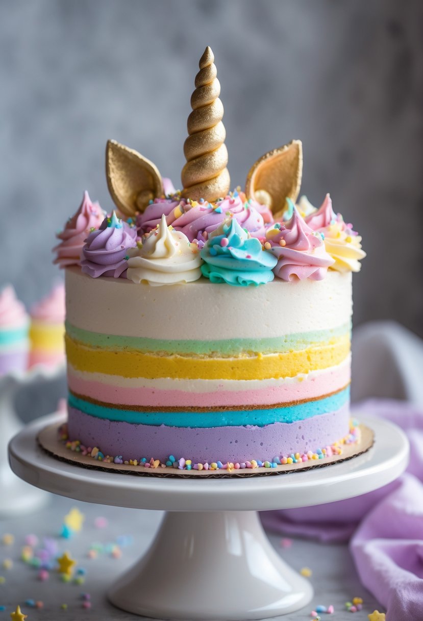 A rainbow layered cake decorated with a unicorn horn, colorful buttercream swirls, and edible glitter on a white cake stand.